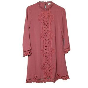 Entro Dress Women's Small Polyester 3/4  Sleeve Lace Accent Keyhole Flowy‎ Red